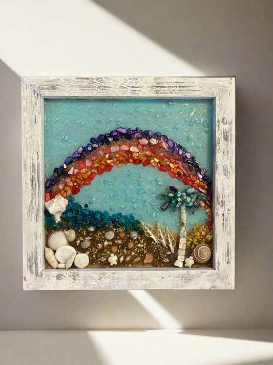 Rainbow's End Beach Treasure - Gemstone & Shell Shadow Box Art